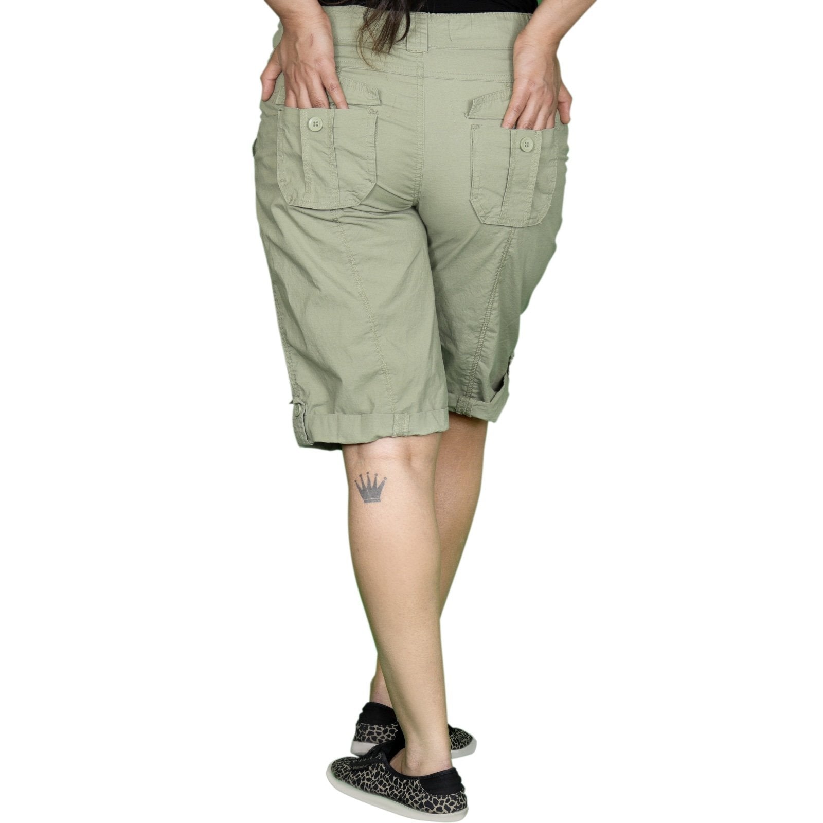 Womens Olive Green Stretched Bermuda Relaxed- fit Short Pants.